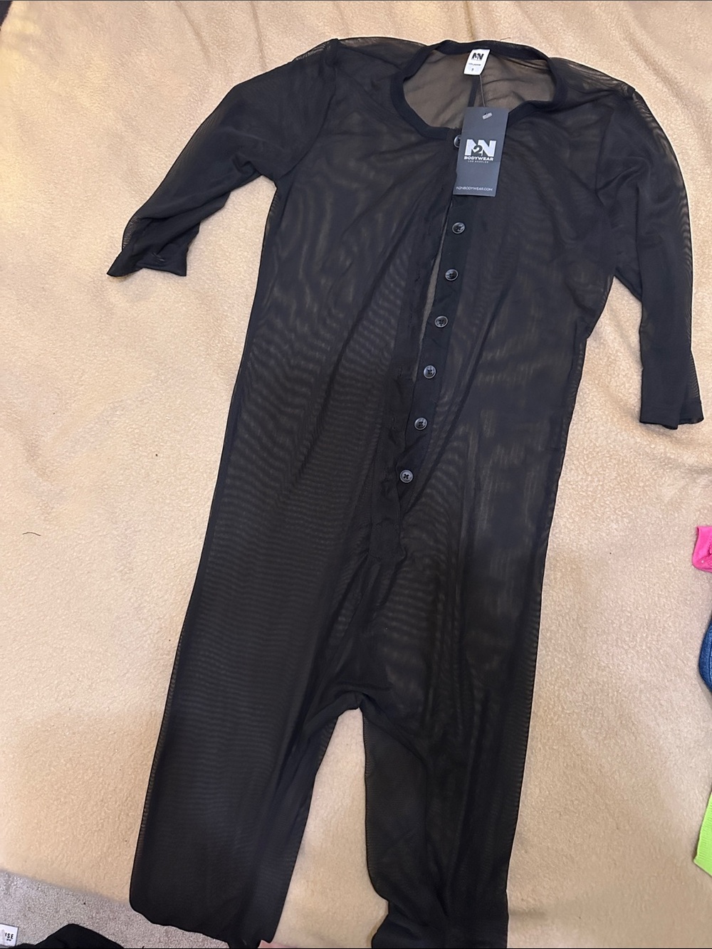 N2N Mesh Black Men's One-Piece Bodysuit with Front Buttons